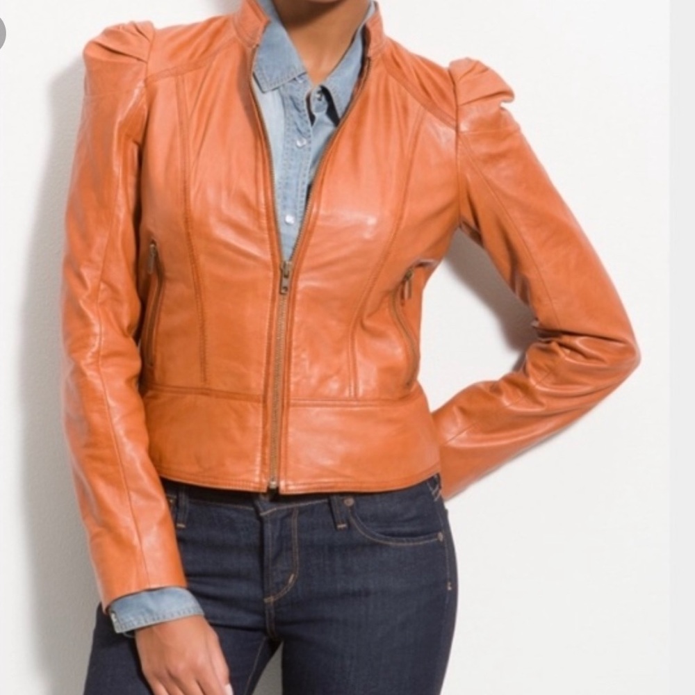 Hinge Puff Shoulder Tan Leather Jacket
